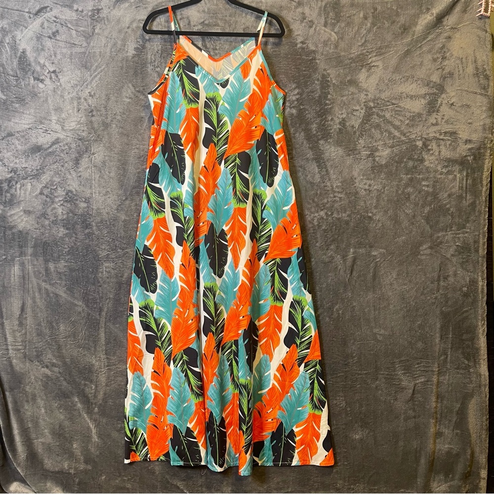 Women’s Large Tropical Leaf Print Maxi Summer Dress Resort Vacation Casual - Picture 4 of 16